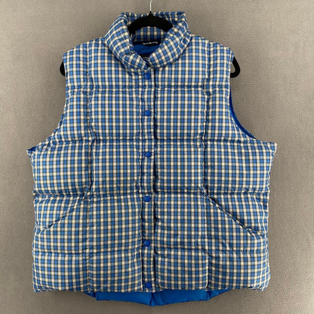 Lands End Plaid Down Puffer Button Down Vest Womens XL 18-20 Blue Warm Pockets
